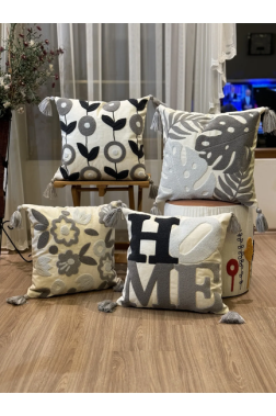 4'lü Desenli Punch Püsküllü Dekoratif Kırlent Kılıfı – 43x43 cm