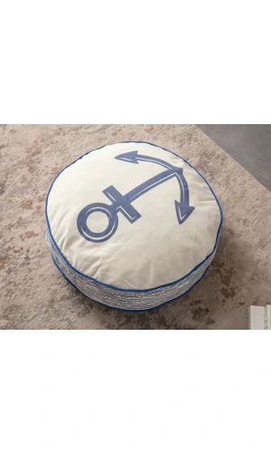 Yuvarlak Dekoratif Bahçe Minderi, Taşınabilir Balkon Pufu, 60 cm Beyaz Çapa Desenli