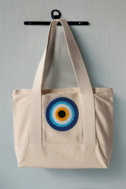 Nazar Bez Keten Omuz Çantası, Plaj Çantası, İşlemeli El ve Kol Çantası Pamuk 36x29 cm