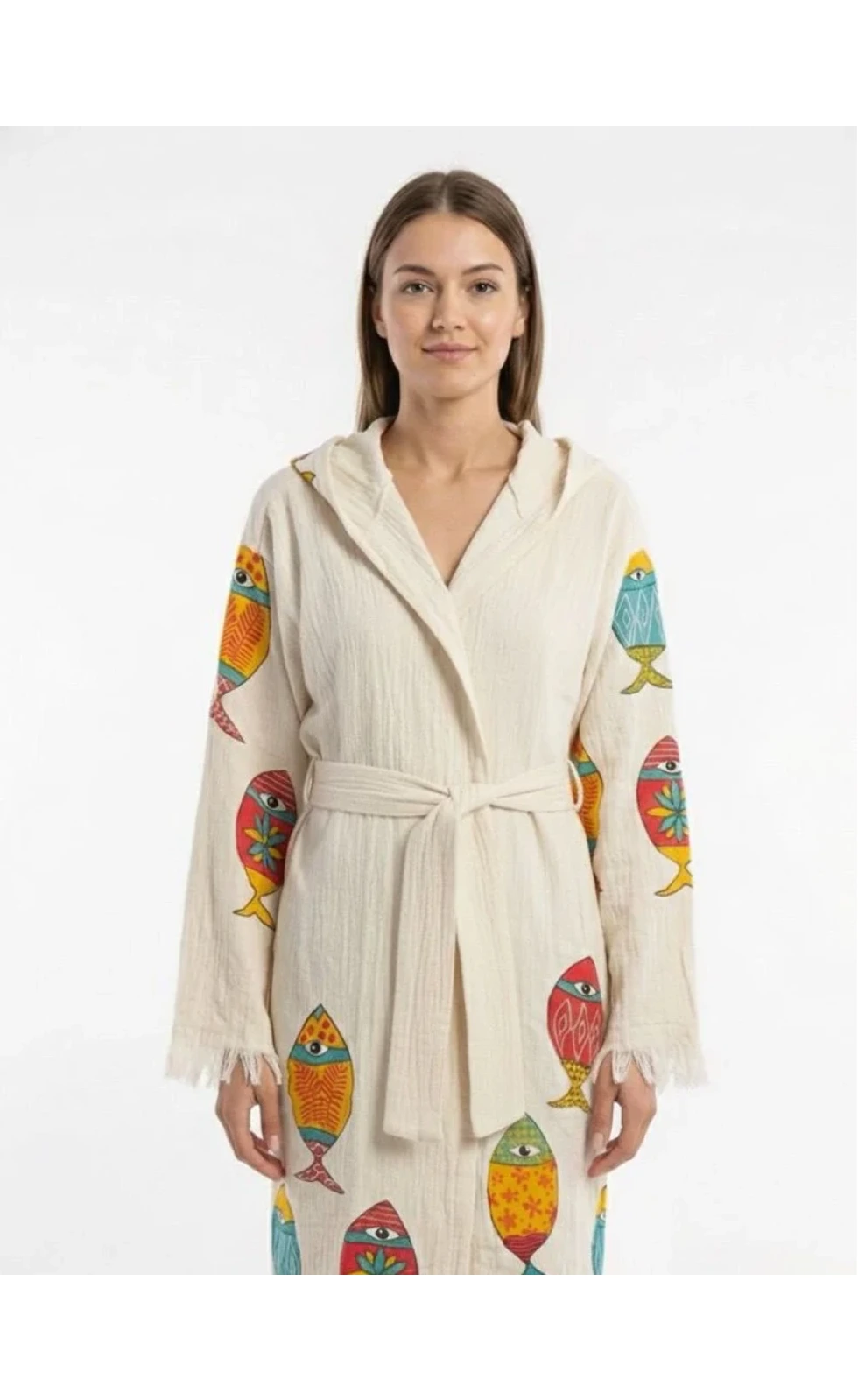 Colorful Tribal Fish – Çift Katlı Müslin Bornoz