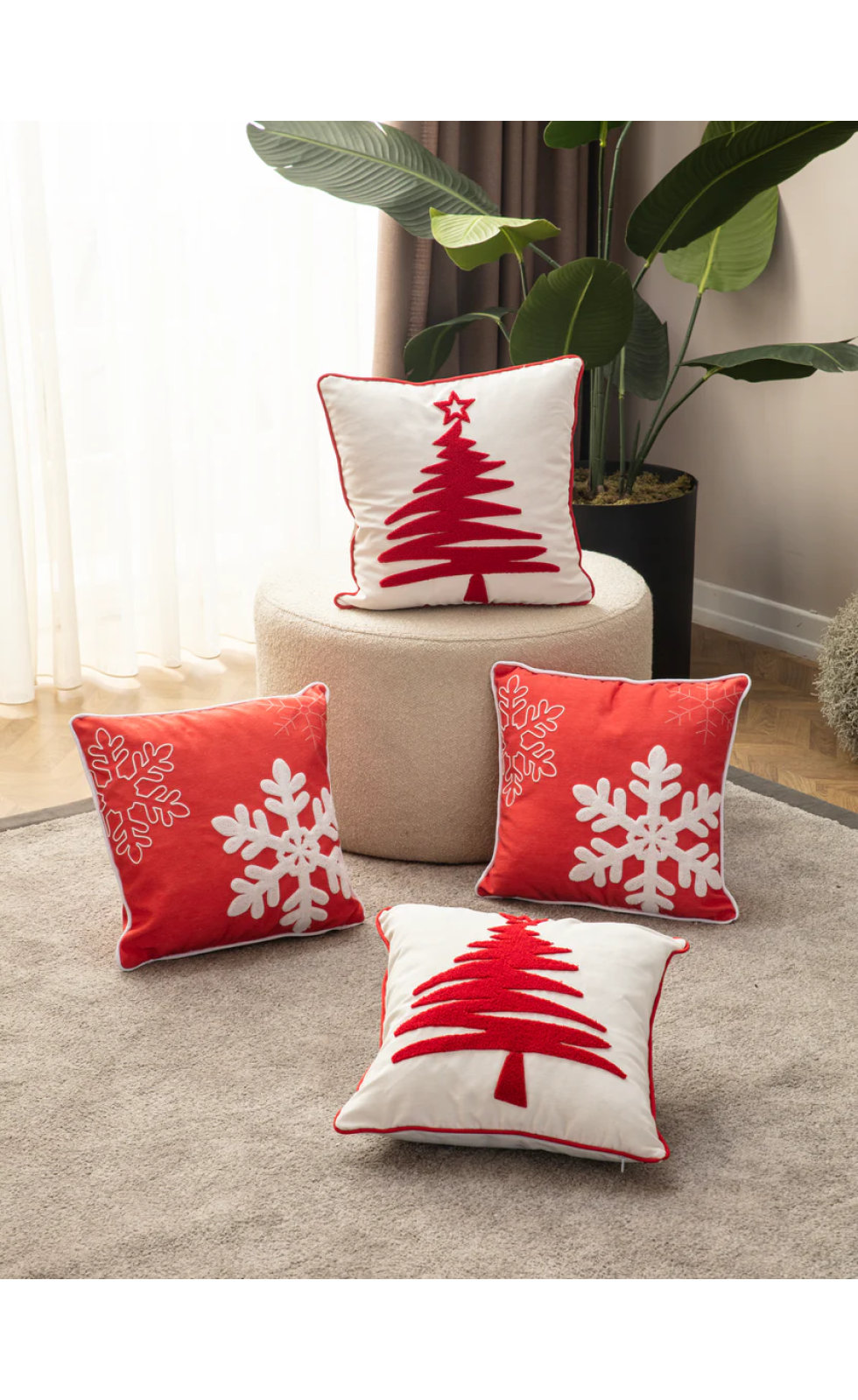 4'lü Dekoratif Punch İşlemeli Biyeli Keten Kırlent Kılıfı