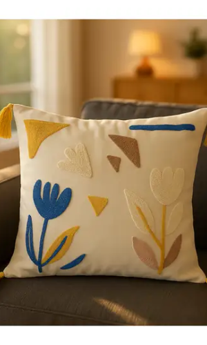 Dekoratif Punch İşlemeli Keten Kırlent Kılıfı, Püskül Detaylı 43x43cm