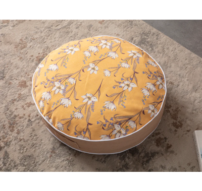 Yuvarlak Dekoratif Bahçe Minderi, Taşınabilir Balkon Pufu 60cm - Turuncu Çiçek Desenli