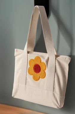  Sunflower Bez Keten Omuz Çantası, Plaj Çantası, İşlemeli El ve Kol Çantası  Pamuk 36x29 cm